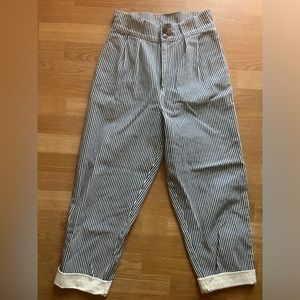 Lucy & Yak Addison High Waisted Organic Cotton Twill Trousers in Blue Stripe 30